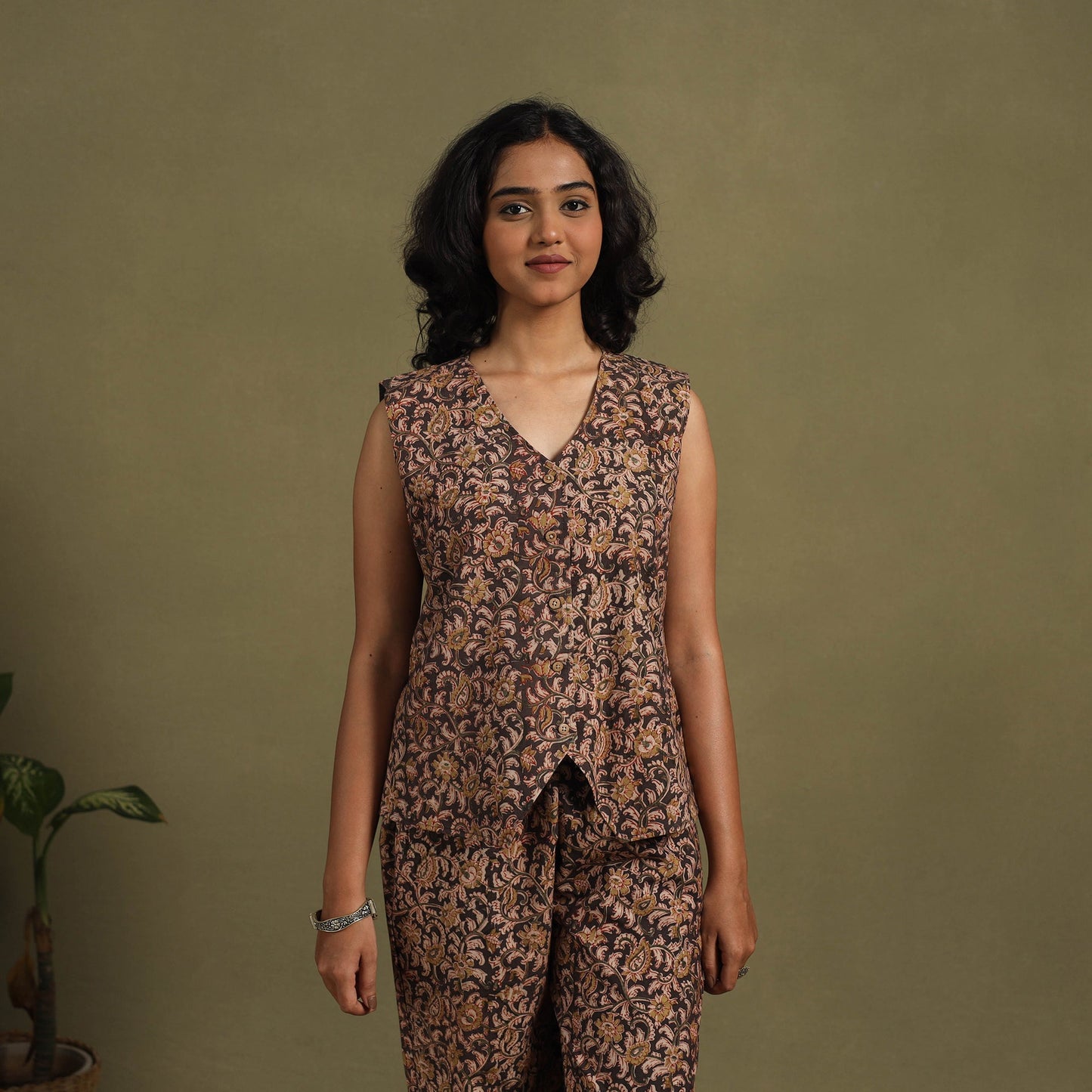 Brown Natural Dyed Block Print Cotton Pedana Kalamkari Co-ord Set