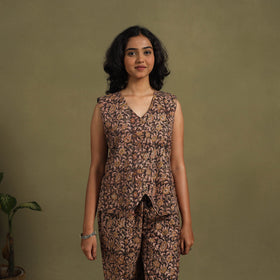 Brown Natural Dyed Block Print Cotton Pedana Kalamkari Co-ord Set