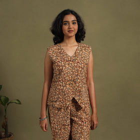Brown Natural Dyed Block Print Cotton Pedana Kalamkari Co-ord Set