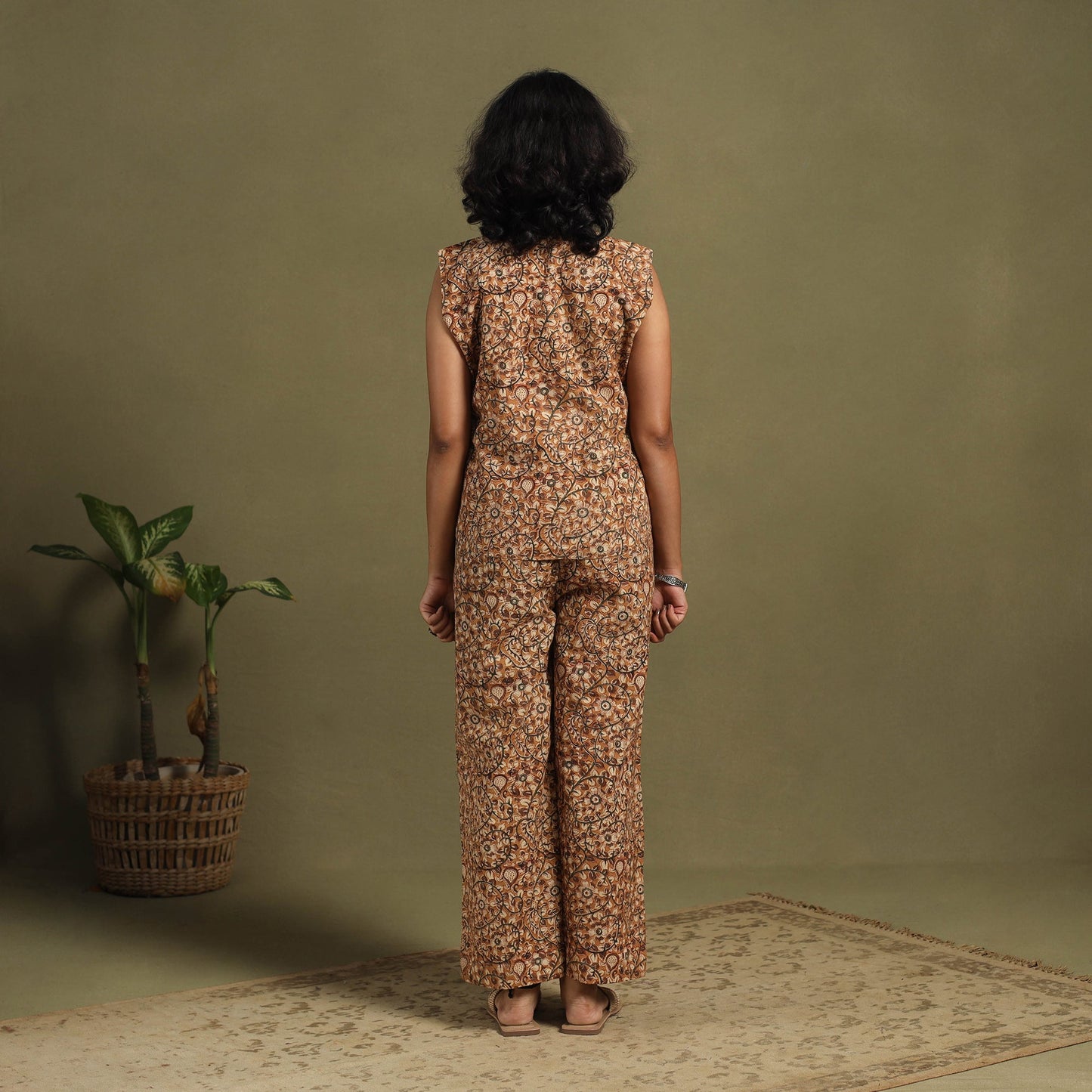 Brown Natural Dyed Block Print Cotton Pedana Kalamkari Co-ord Set