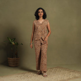 Brown Natural Dyed Block Print Cotton Pedana Kalamkari Co-ord Set