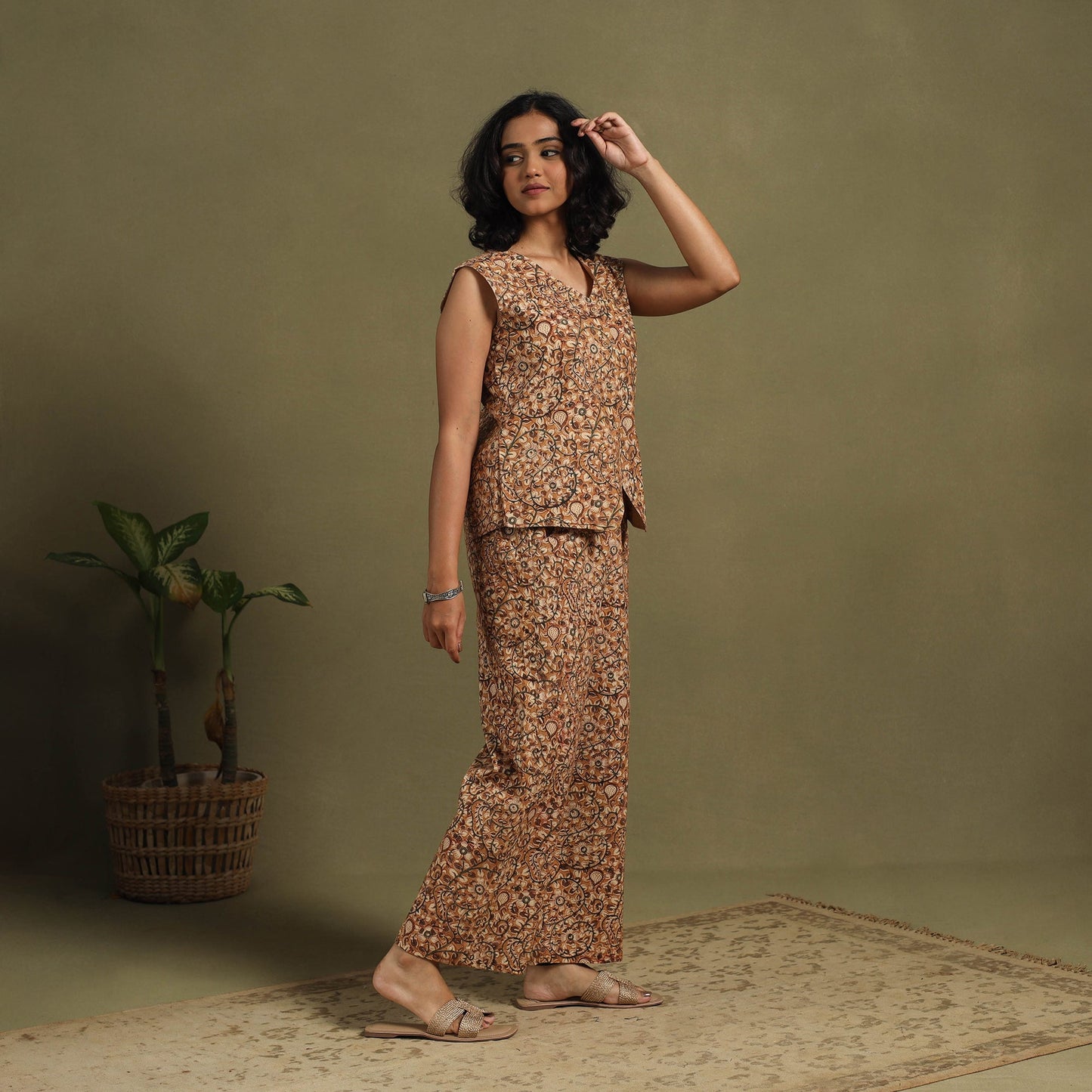 Brown Natural Dyed Block Print Cotton Pedana Kalamkari Co-ord Set