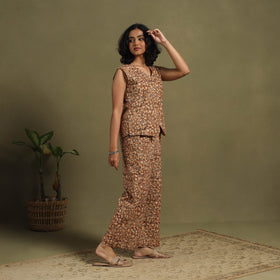 Brown Natural Dyed Block Print Cotton Pedana Kalamkari Co-ord Set