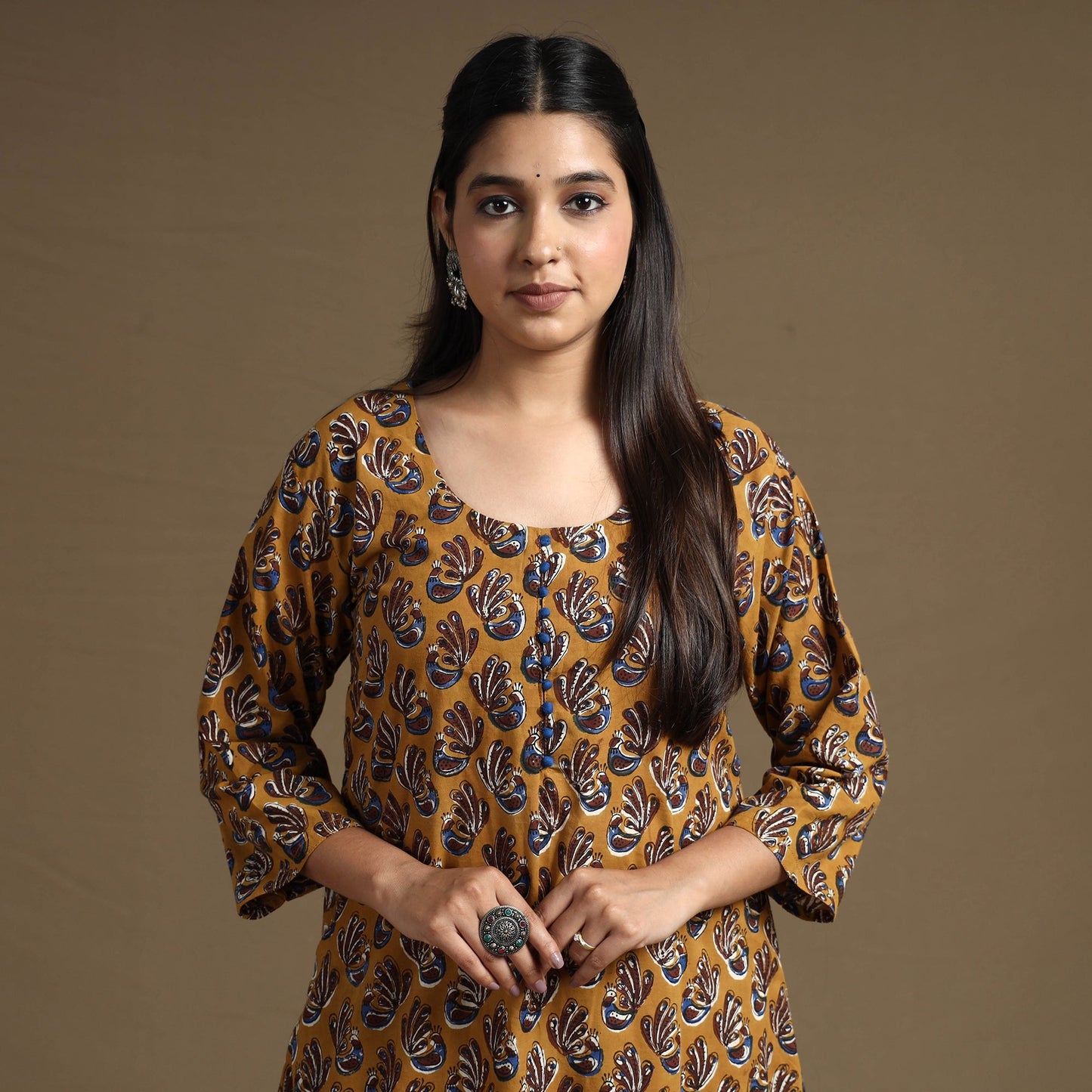 Brown Block Print Natural Dyed Cotton Straight Bagru Kurta