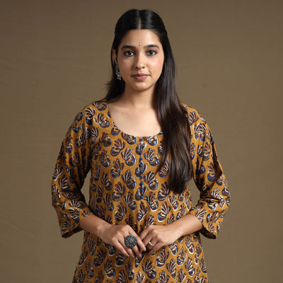 Brown Block Print Natural Dyed Cotton Straight Bagru Kurta