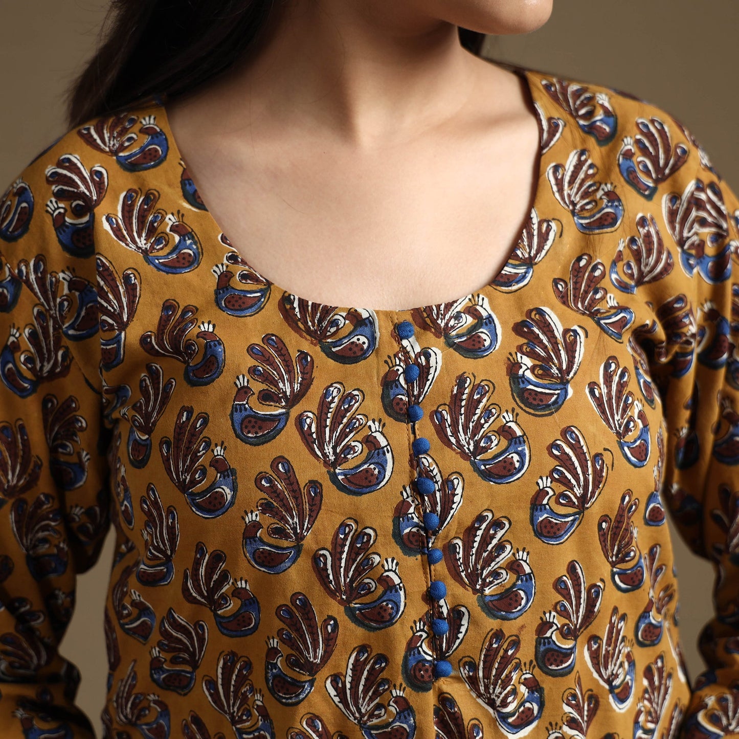 Brown Block Print Natural Dyed Cotton Straight Bagru Kurta