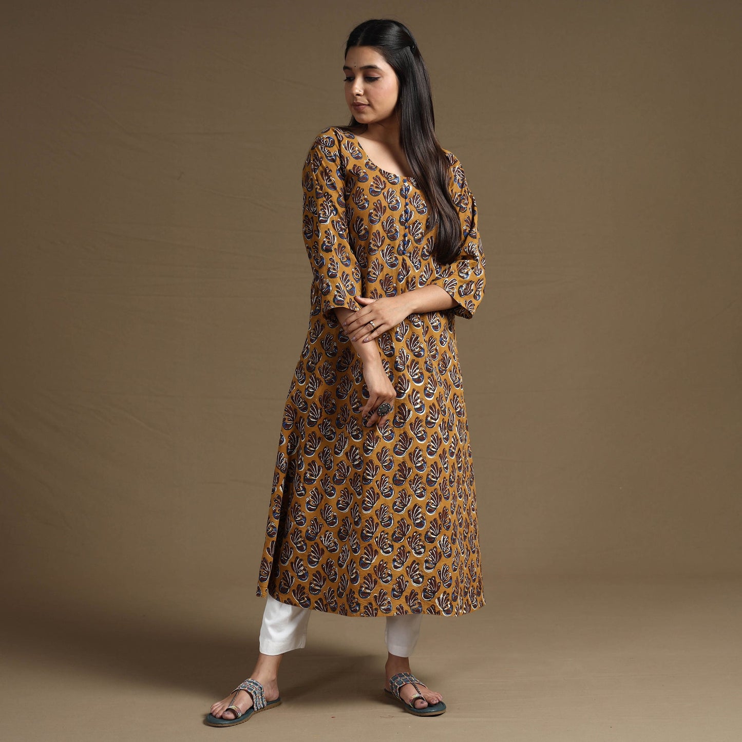 Brown Block Print Natural Dyed Cotton Straight Bagru Kurta