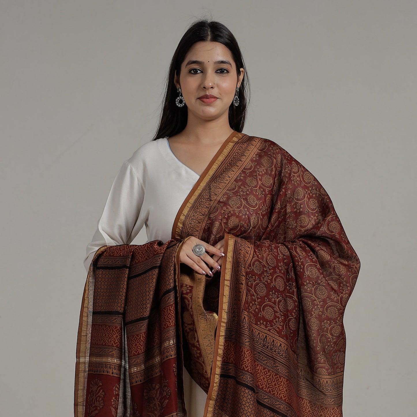 Buy Natural Dyed Hand Block Print Chanderi Silk Bagh Dupatta