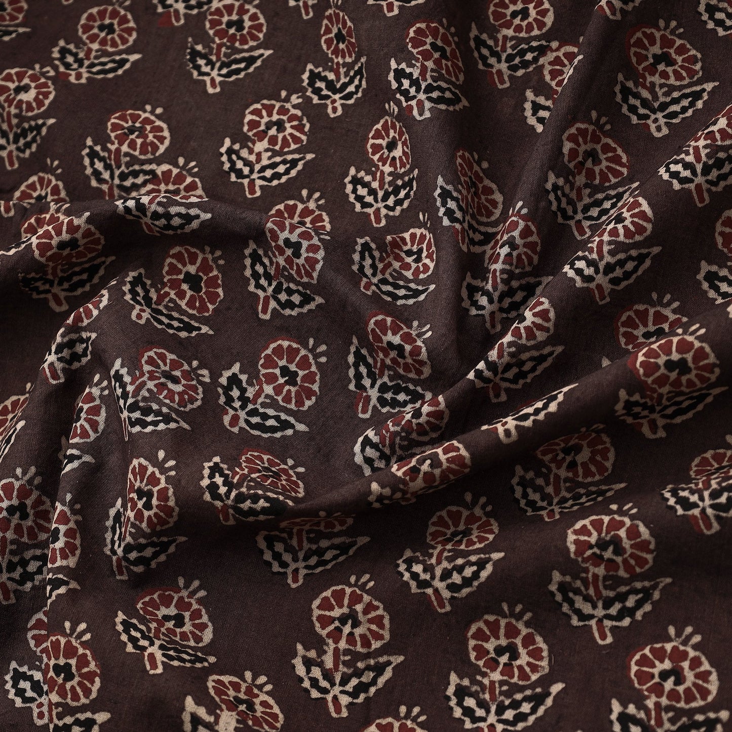 Brown - Primrose Bootis Ajrakh Hand Block Printed Cotton Fabric 04