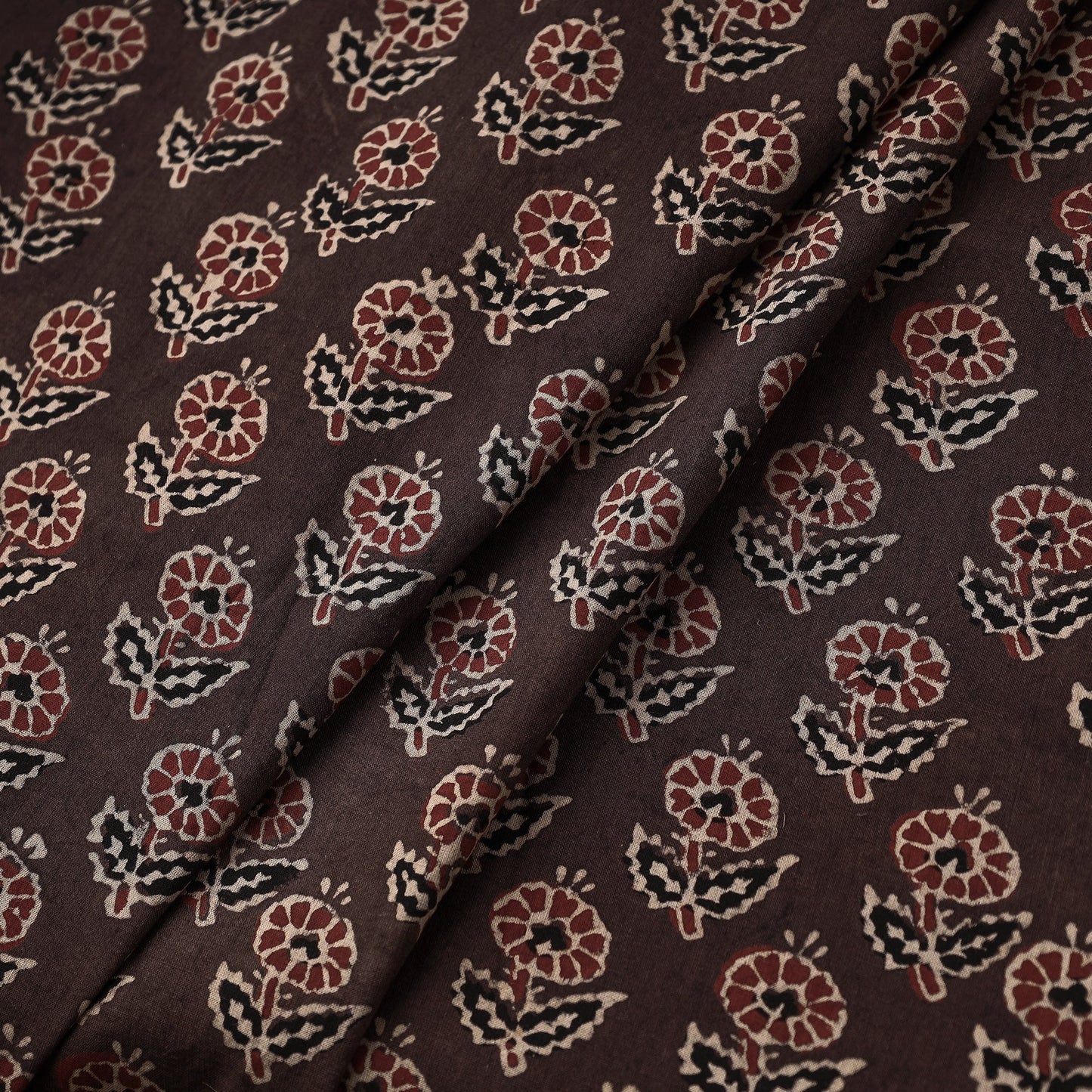 Brown - Primrose Bootis Ajrakh Hand Block Printed Cotton Fabric 04