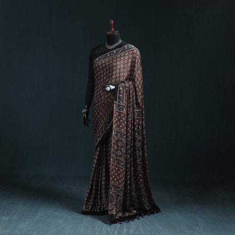 Natural dyed modal silk kutch hand block print ajrakh saree