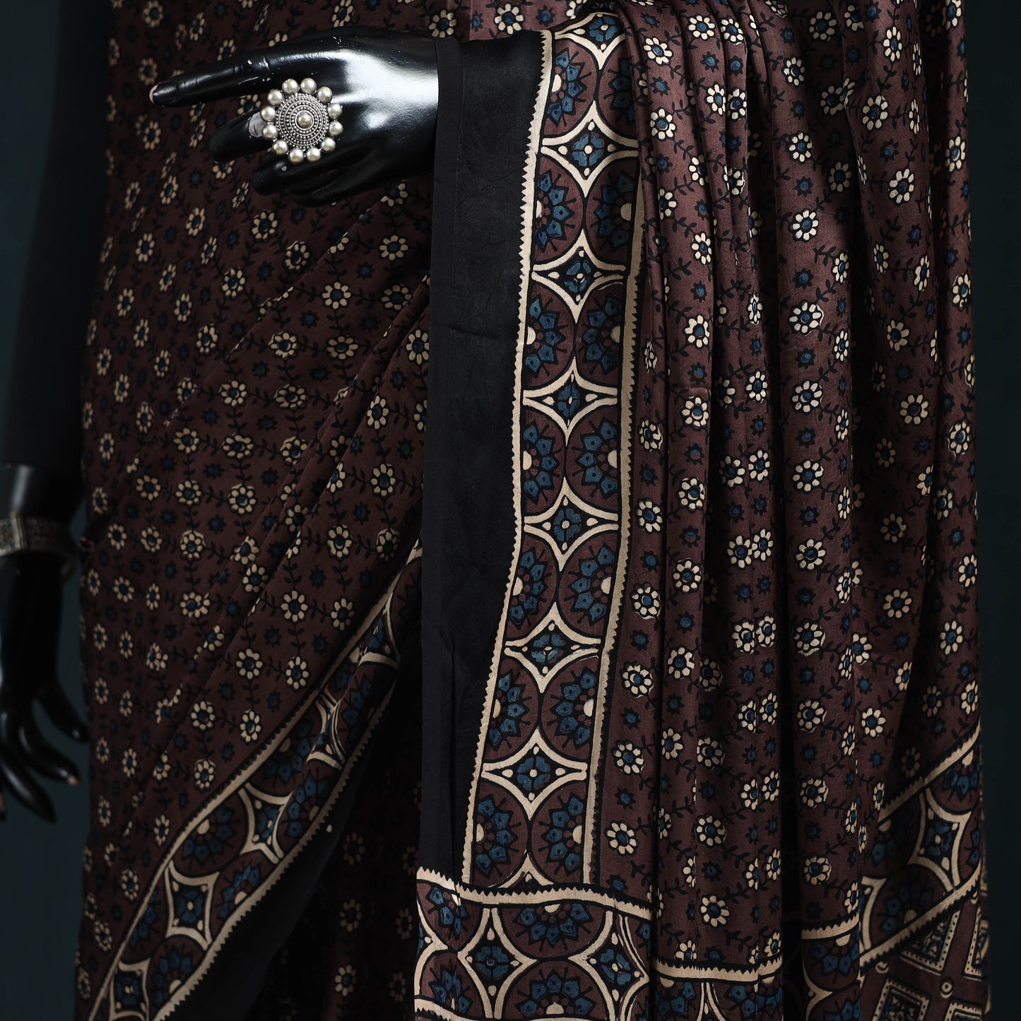 Natural dyed modal silk kutch hand block print ajrakh saree