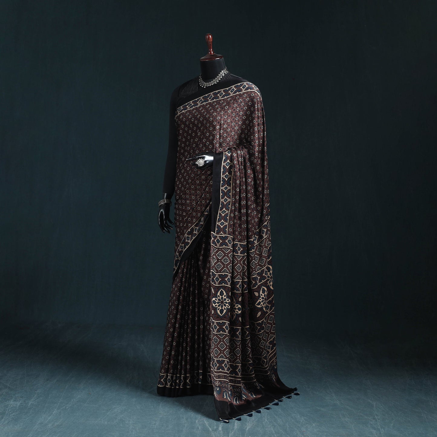 Natural dyed modal silk kutch hand block print ajrakh saree