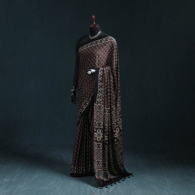 Natural dyed modal silk kutch hand block print ajrakh saree