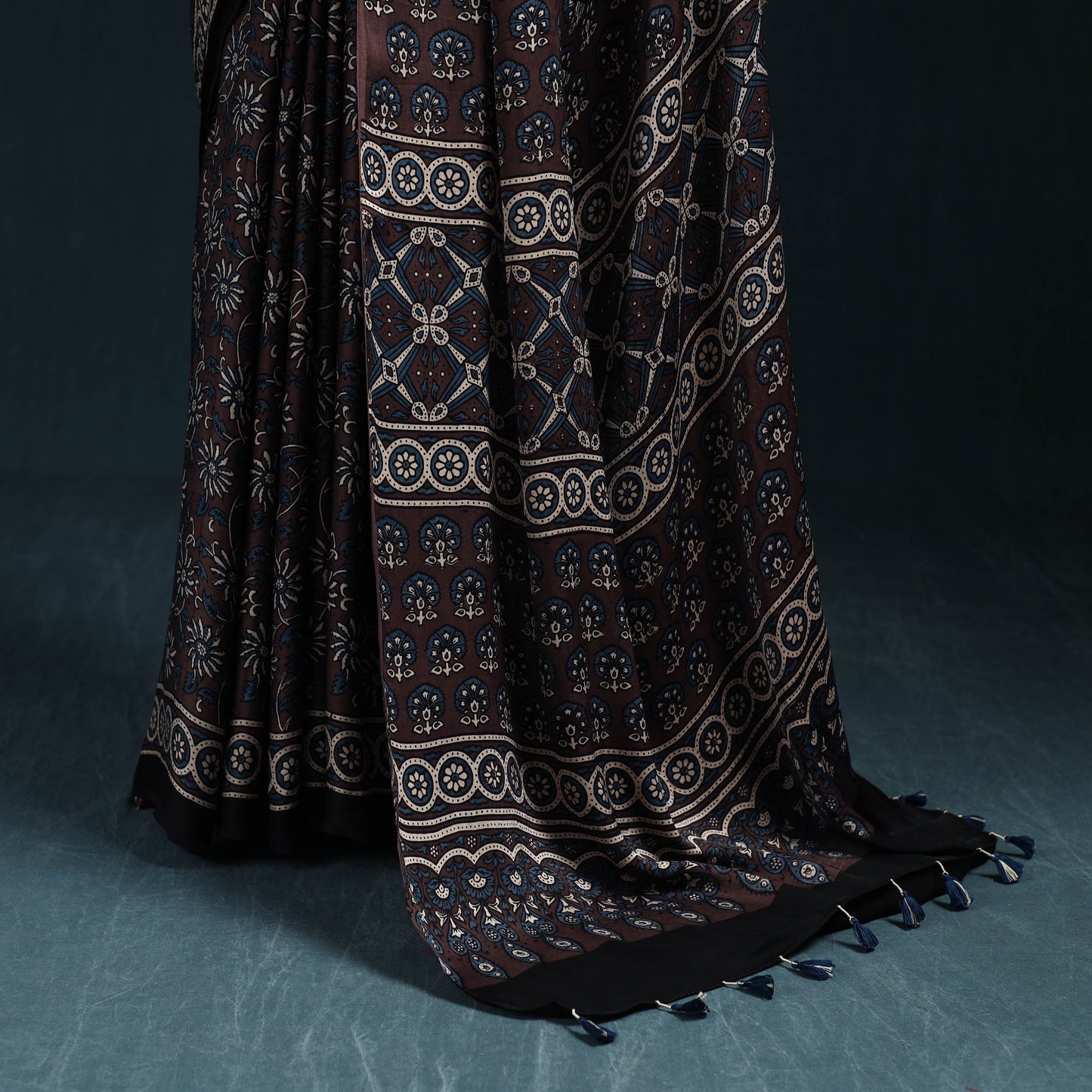 Natural dyed modal silk kutch hand block print ajrakh saree