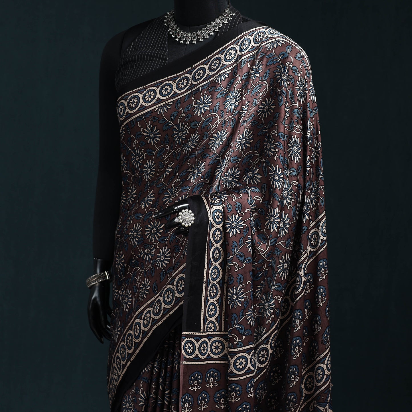 Natural dyed modal silk kutch hand block print ajrakh saree