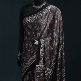 Natural dyed modal silk kutch hand block print ajrakh saree