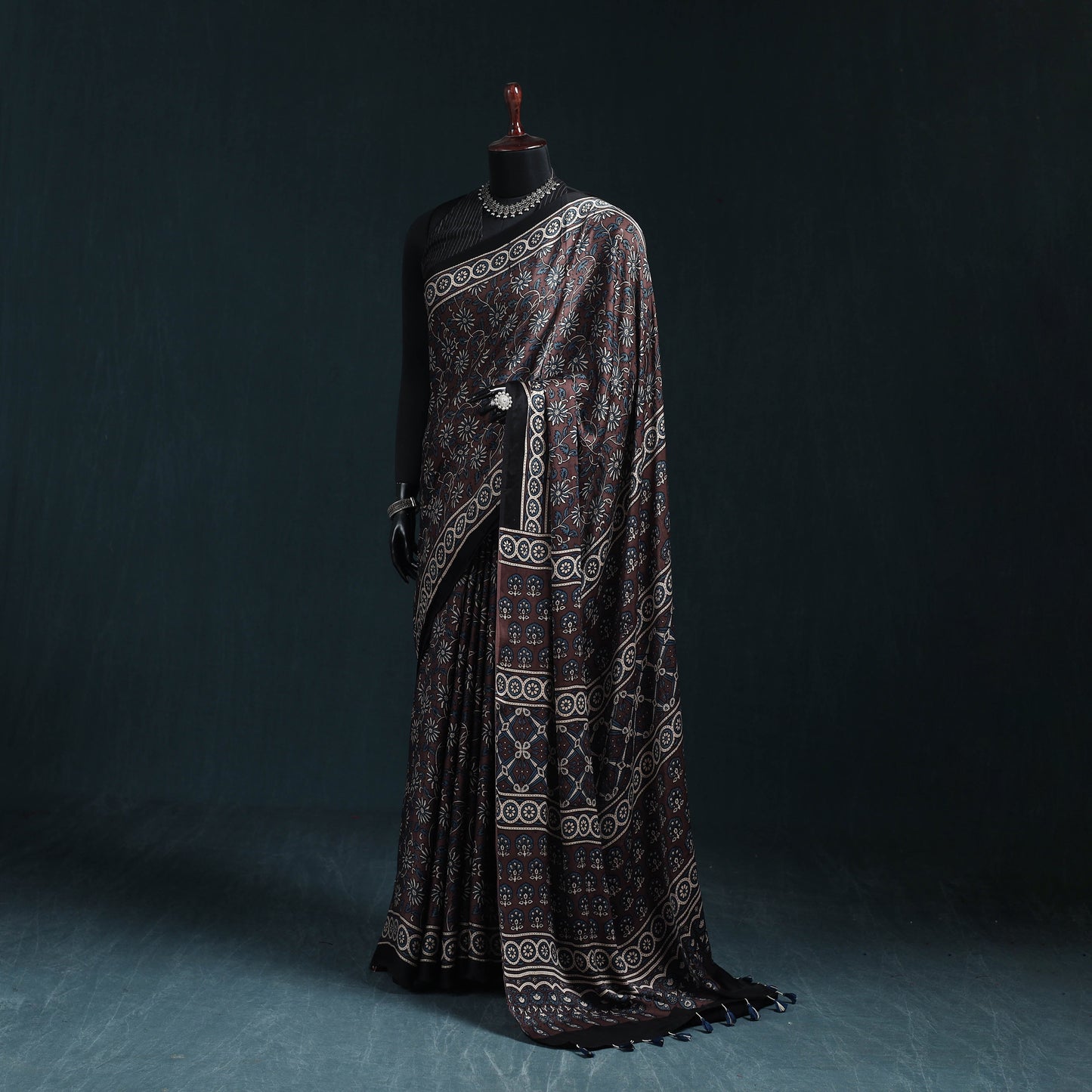 Natural dyed modal silk kutch hand block print ajrakh saree