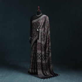 Natural dyed modal silk kutch hand block print ajrakh saree