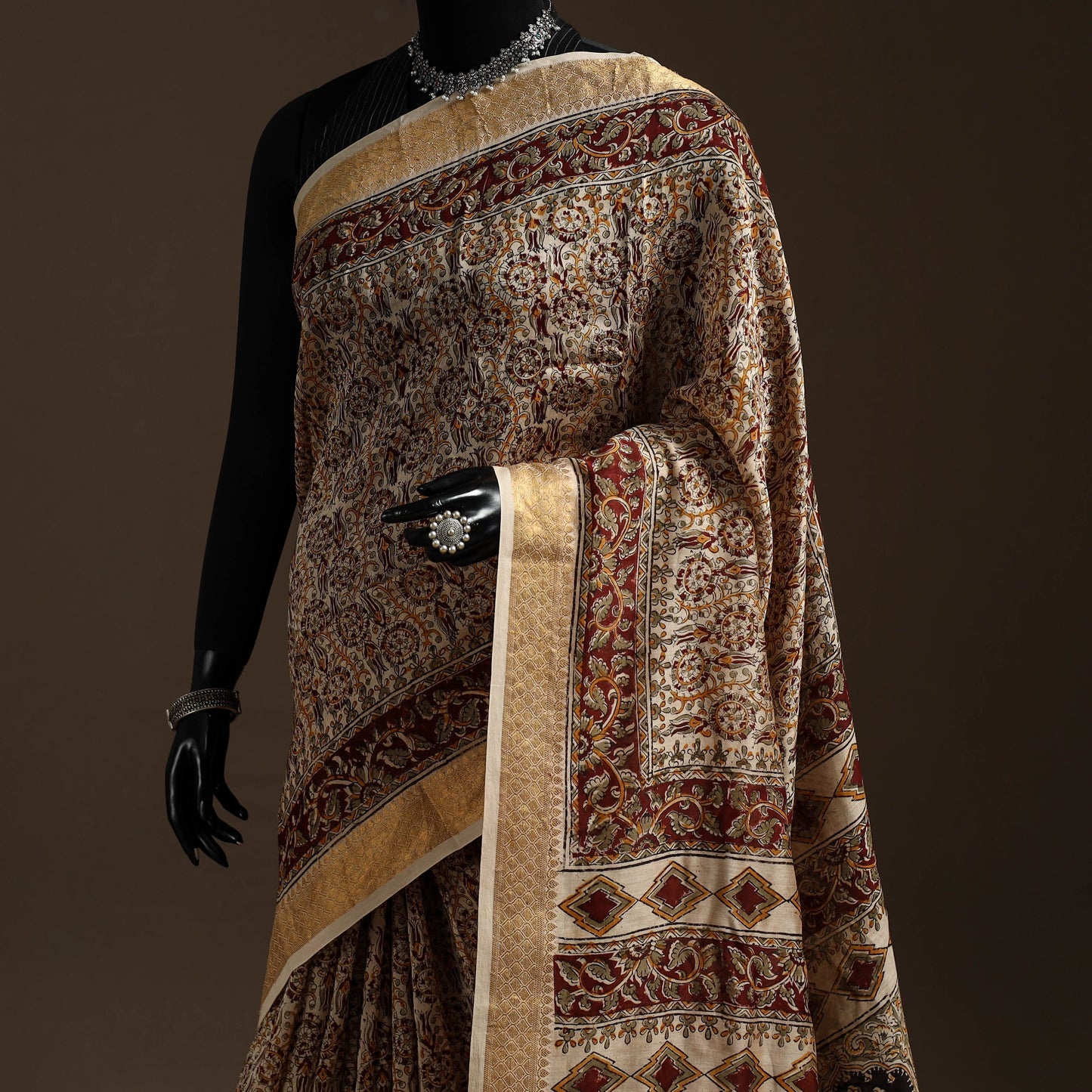 Brown - natural dyed pedana chanderi silk kalamkari saree