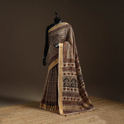 Brown - natural dyed pedana chanderi silk kalamkari saree