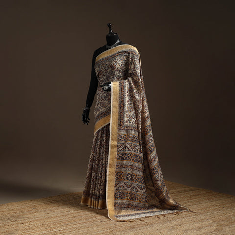 Brown - natural dyed pedana chanderi silk kalamkari saree