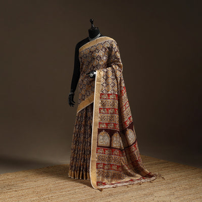 Brown - natural dyed pedana chanderi silk kalamkari saree