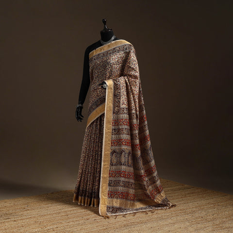 Brown - natural dyed pedana chanderi silk kalamkari saree