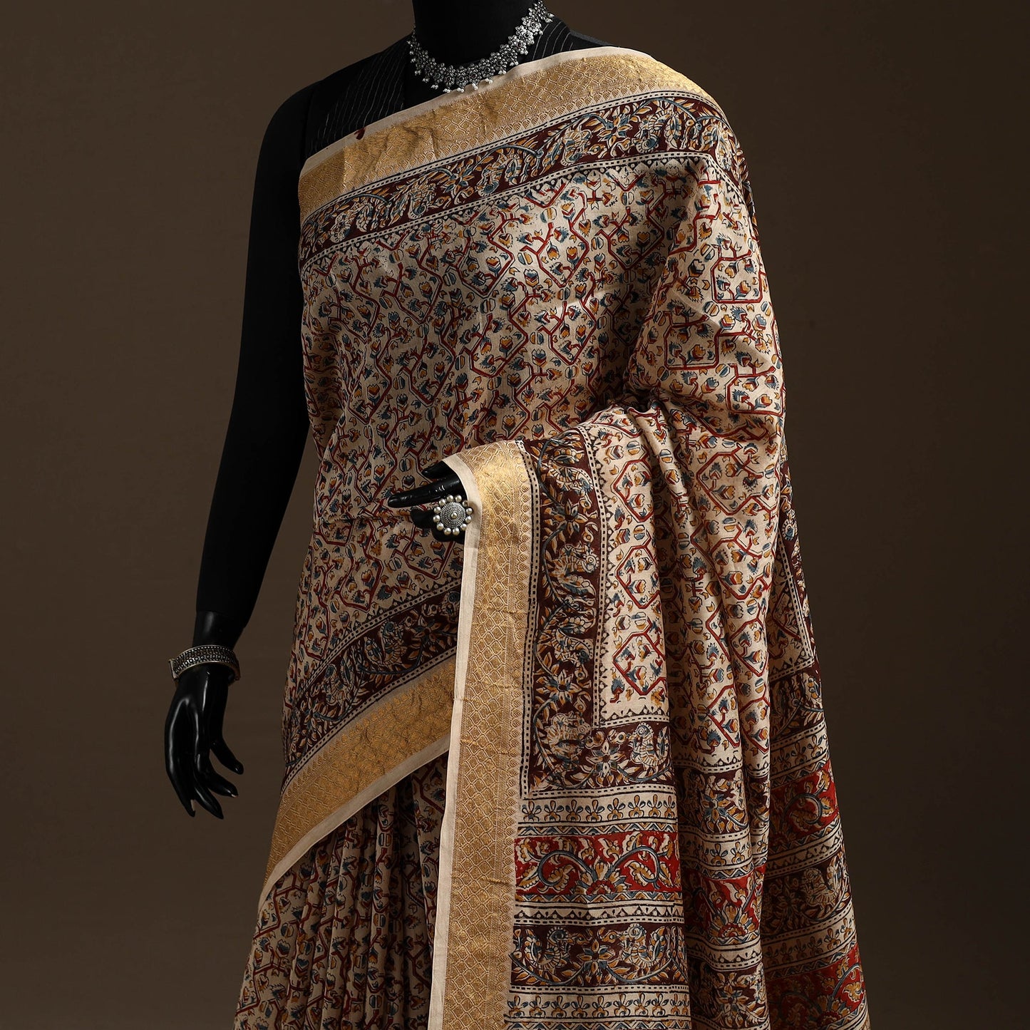 Brown - natural dyed pedana chanderi silk kalamkari saree