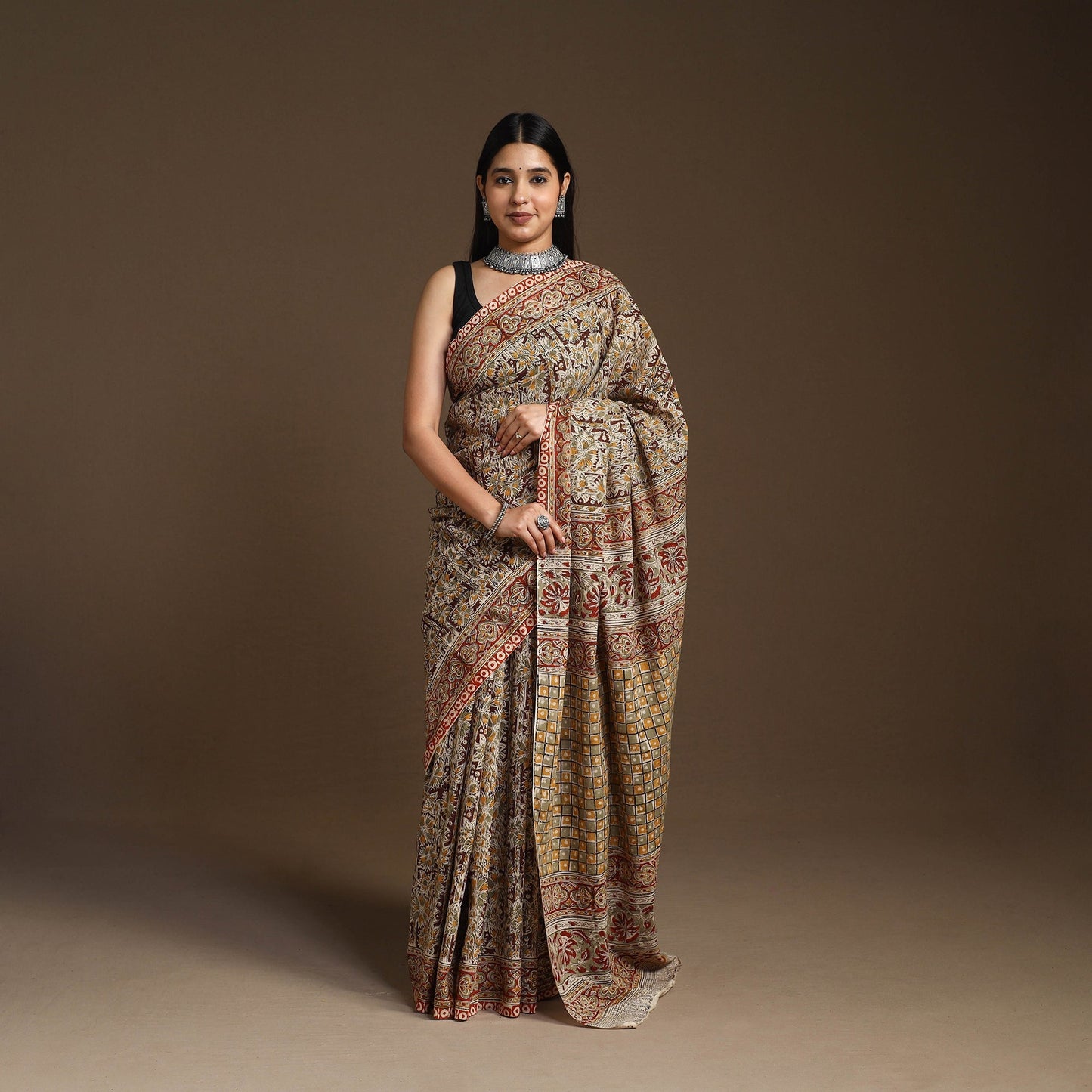 Brown Pedana Block Print Cotton Kalamkari Saree