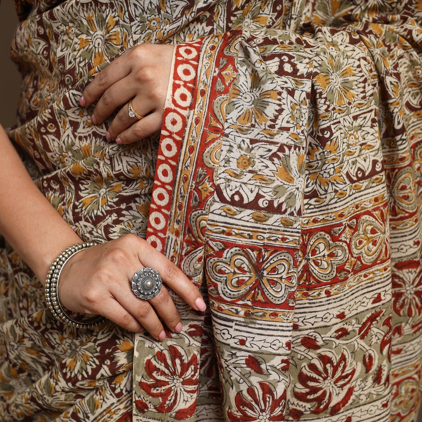 Brown Pedana Block Print Cotton Kalamkari Saree