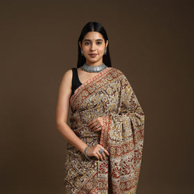 Brown Pedana Block Print Cotton Kalamkari Saree