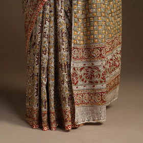 Brown Pedana Block Print Cotton Kalamkari Saree