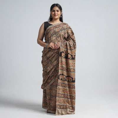 Brown Pedana Block Print Cotton Kalamkari Saree