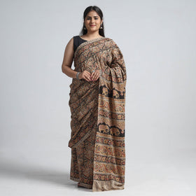 Brown Pedana Block Print Cotton Kalamkari Saree
