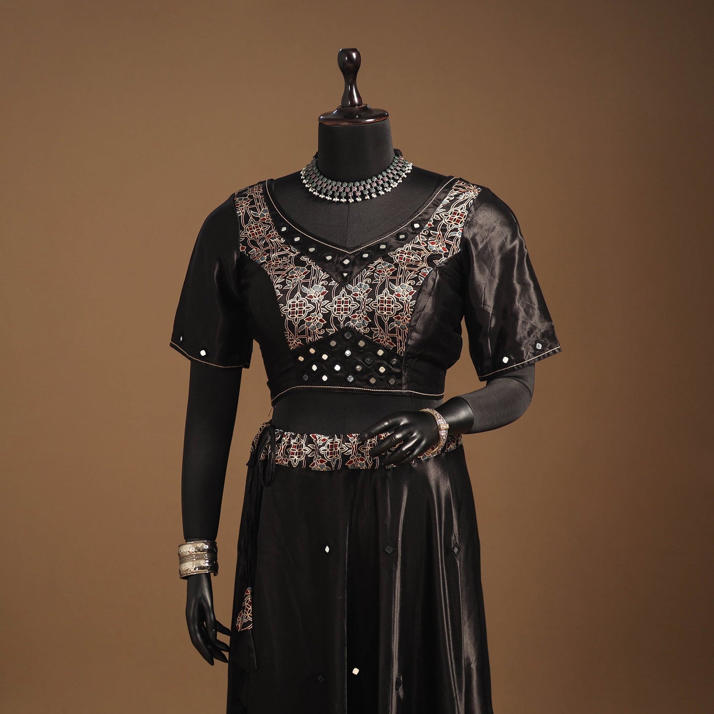 Brown Navratri Garba Chaniya Choli Set in Mashru Silk with Ajrakh Patch