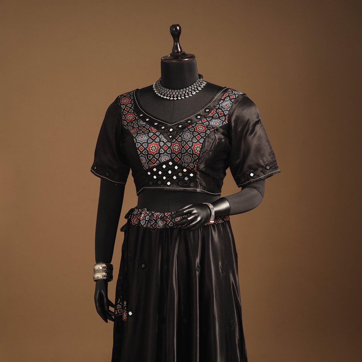 Brown Navratri Garba Chaniya Choli Set in Mashru Silk with Ajrakh Patch