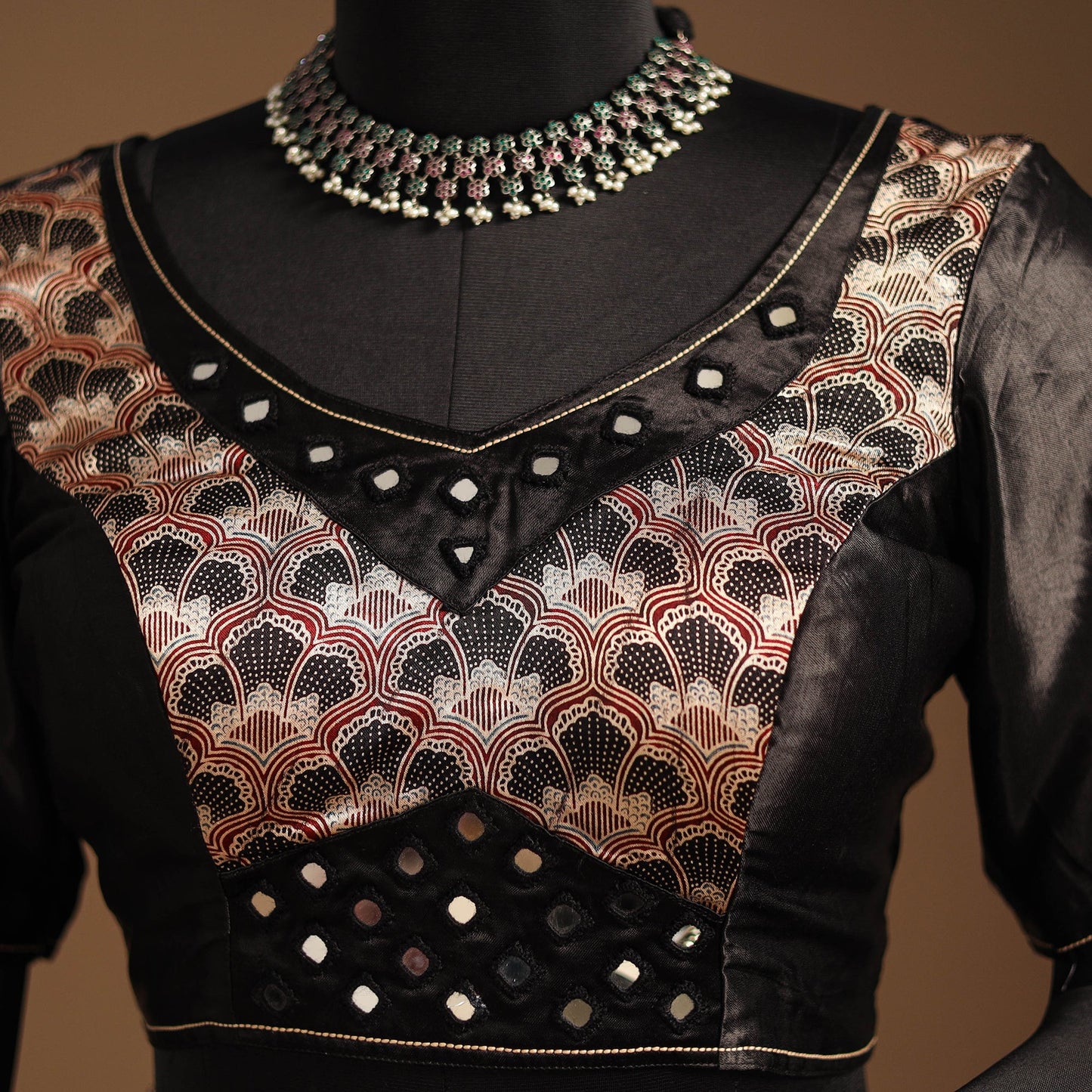 Brown Navratri Garba Chaniya Choli Set in Mashru Silk with Ajrakh Patch