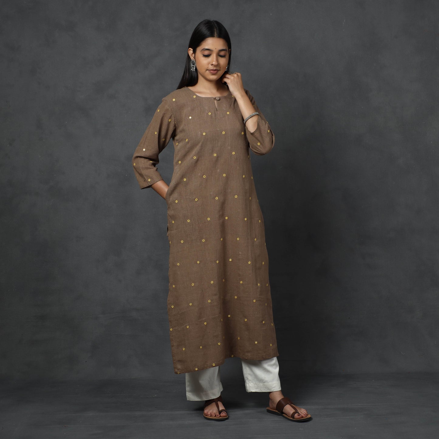 Organic Kala Cotton Handloom Mirror Work Long Kurta for Women