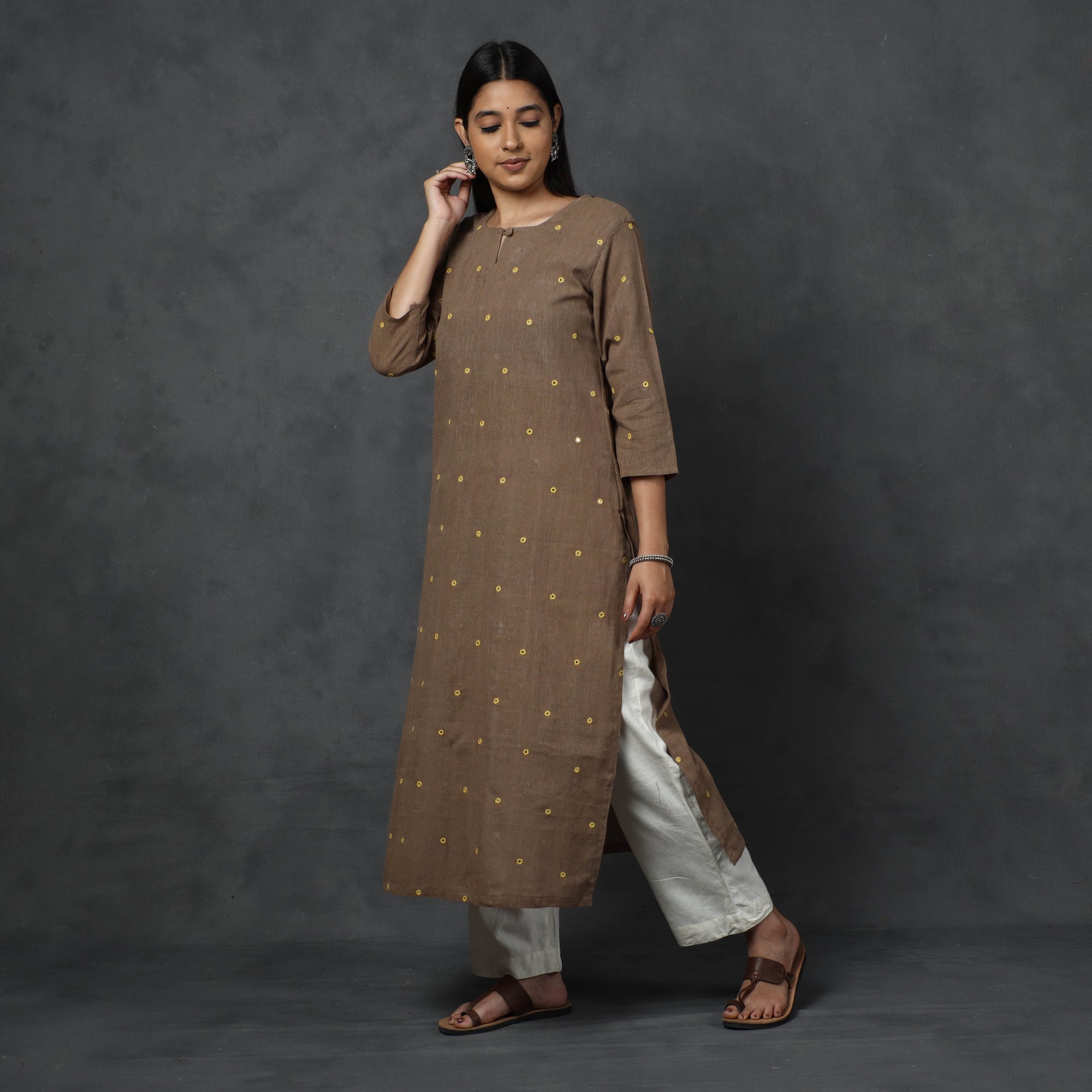 Organic Kala Cotton Handloom Mirror Work Long Kurta for Women