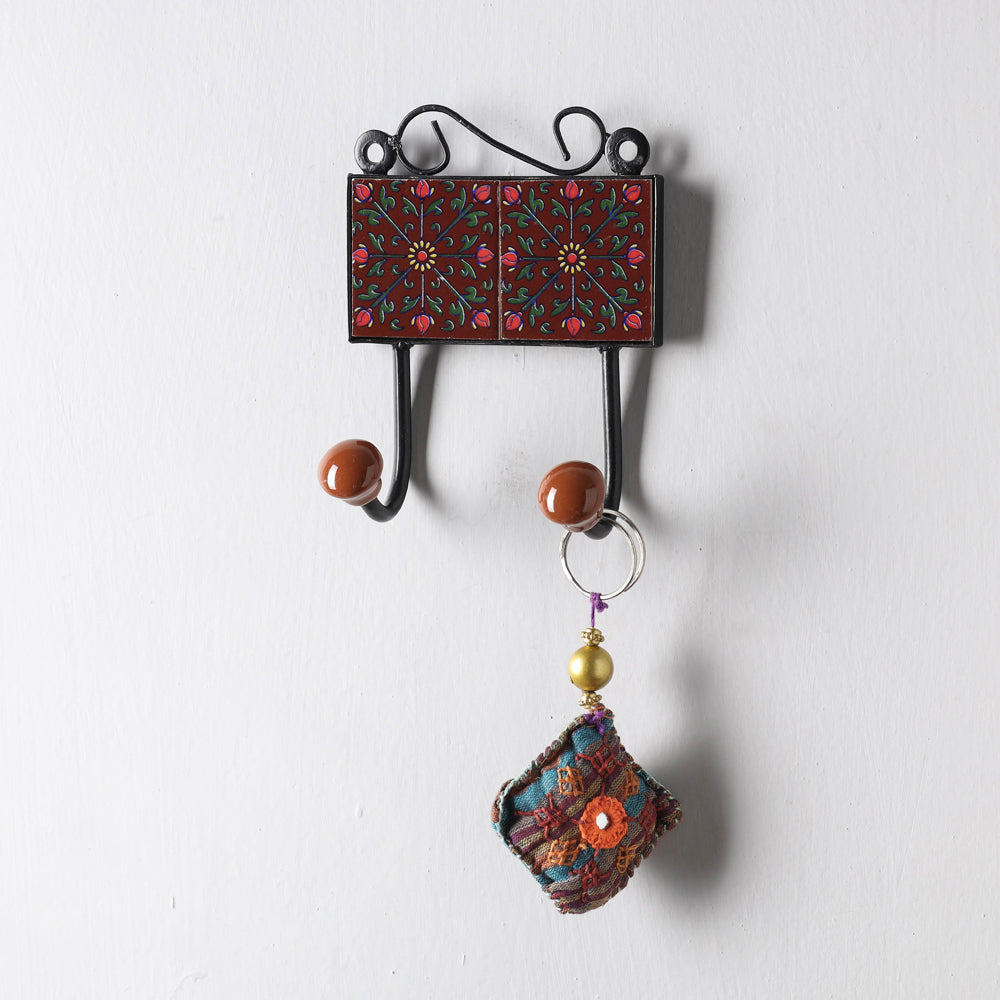  Original Blue Pottery Ceramic Tile Wall Hook Hanger (2 Peg) 