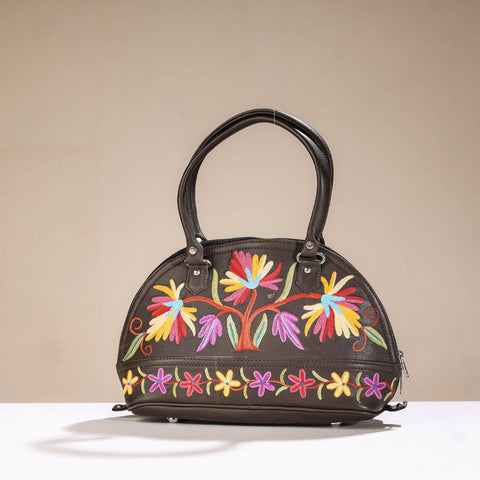 Brown Original Crewel Hand Embroidered Leather Hand Bag