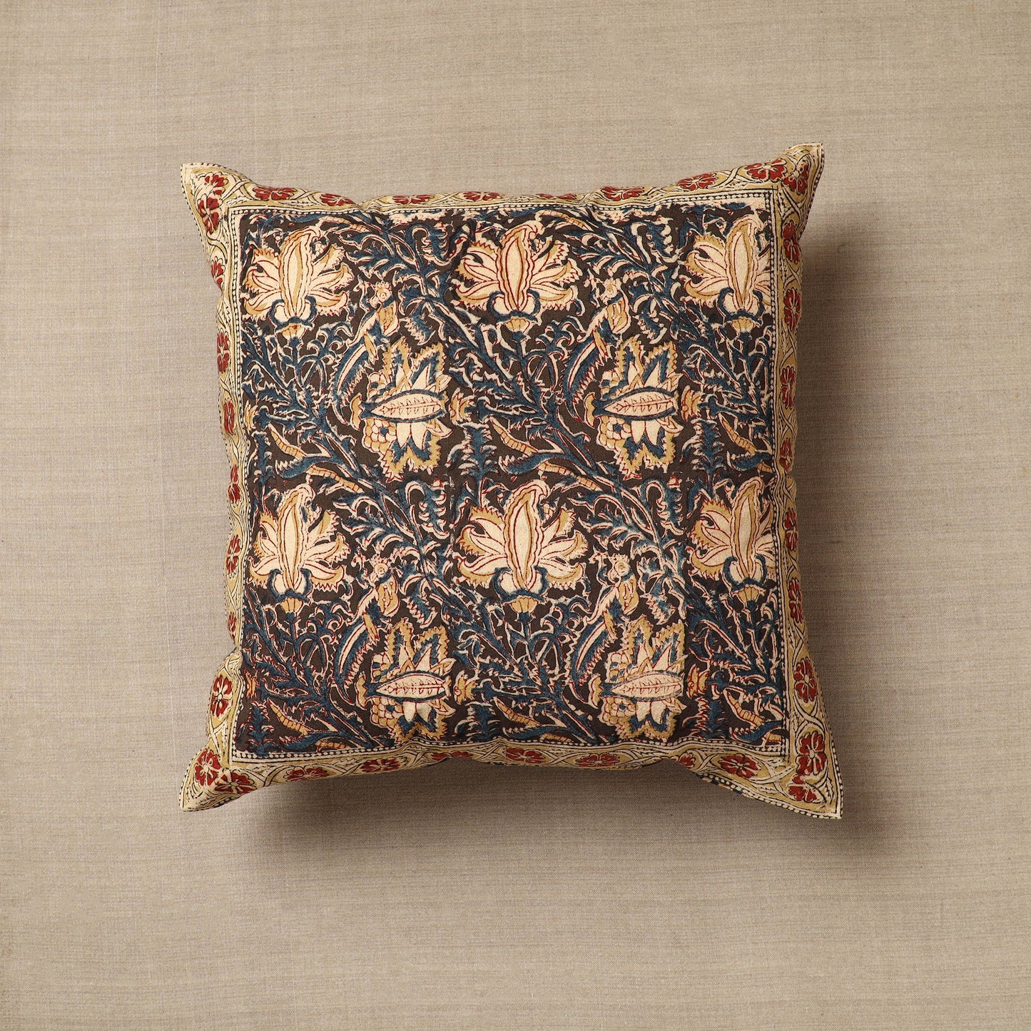 Brown - Original Pedana Block Print Cotton Kalamkari Cushion Cover 25