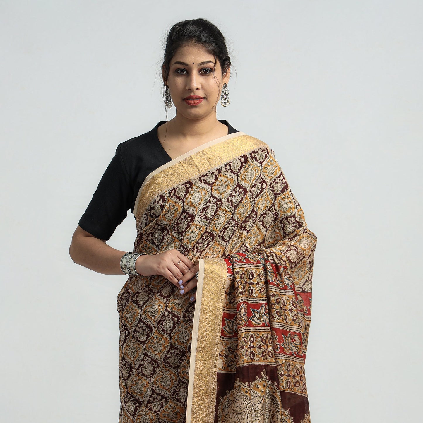 Brown Original Pedana Kalamkari Block Print Chanderi Silk Saree