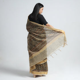 Brown Original Pedana Kalamkari Block Print Chanderi Silk Saree