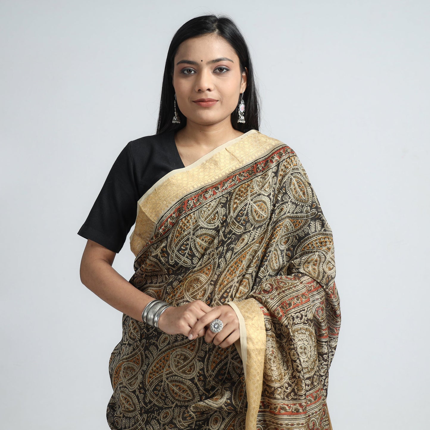 Brown Original Pedana Kalamkari Block Print Chanderi Silk Saree