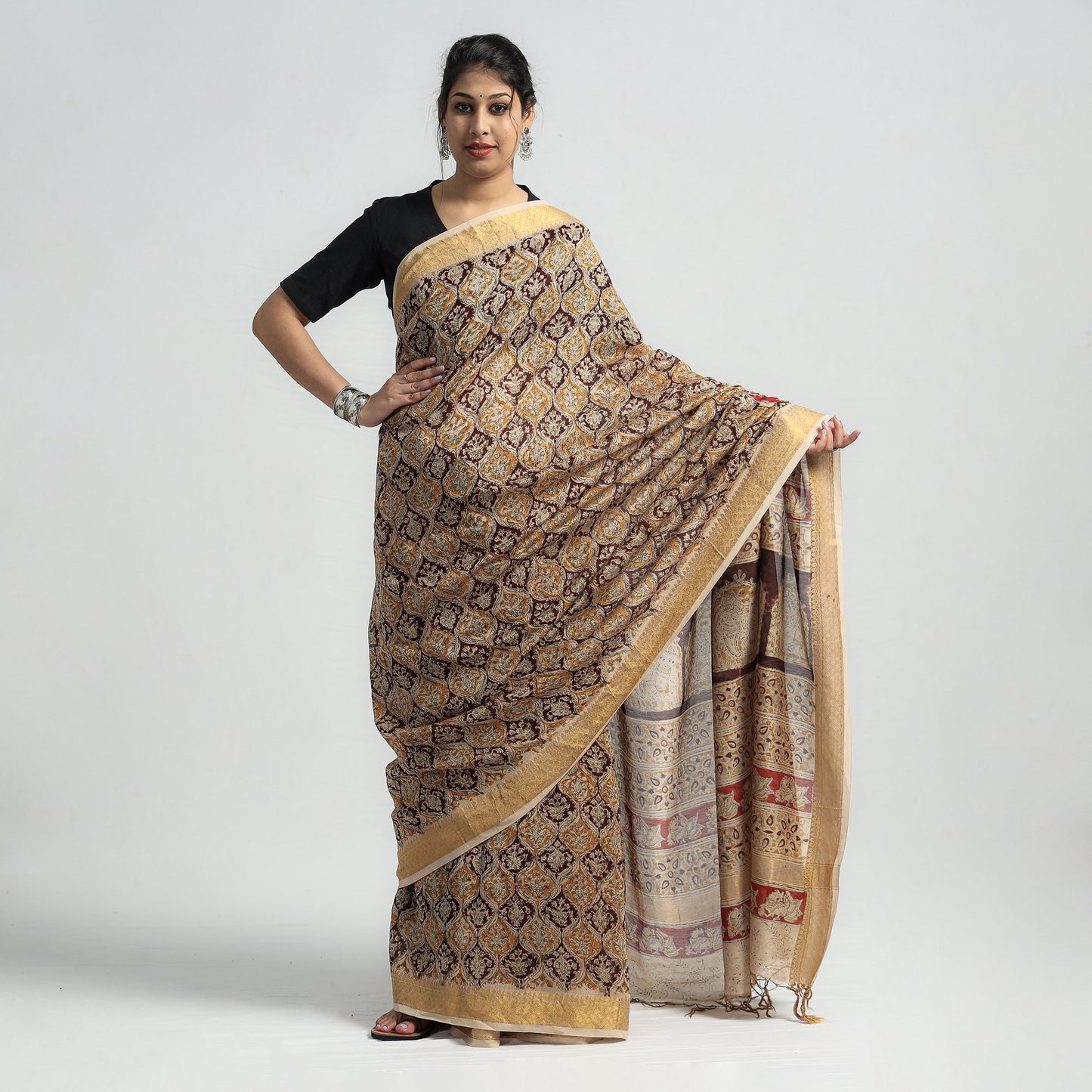 Brown Original Pedana Kalamkari Block Print Chanderi Silk Saree