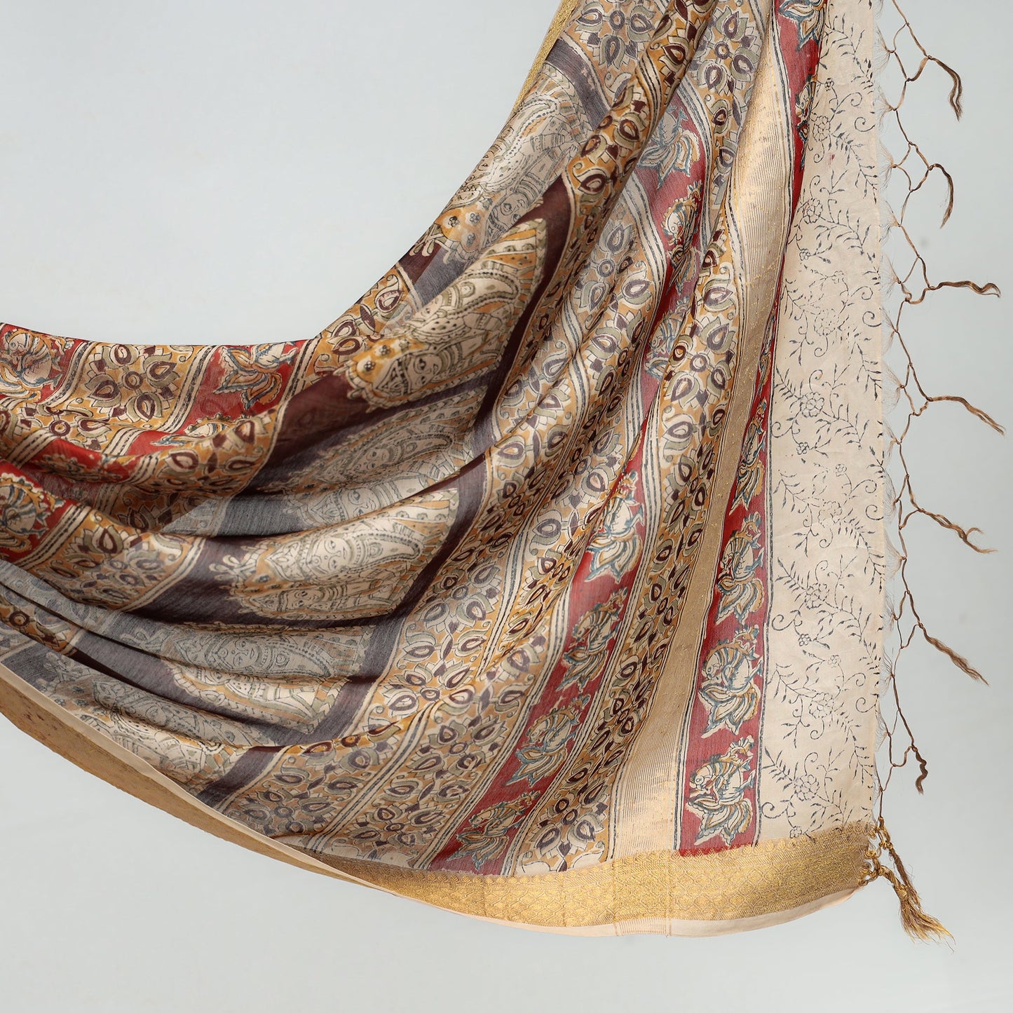 Brown Original Pedana Kalamkari Block Print Chanderi Silk Saree