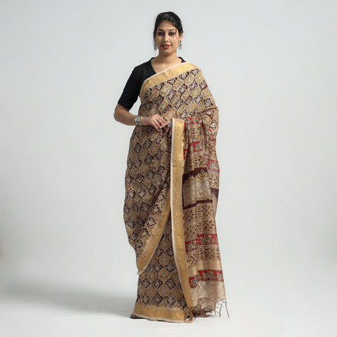 Brown Original Pedana Kalamkari Block Print Chanderi Silk Saree