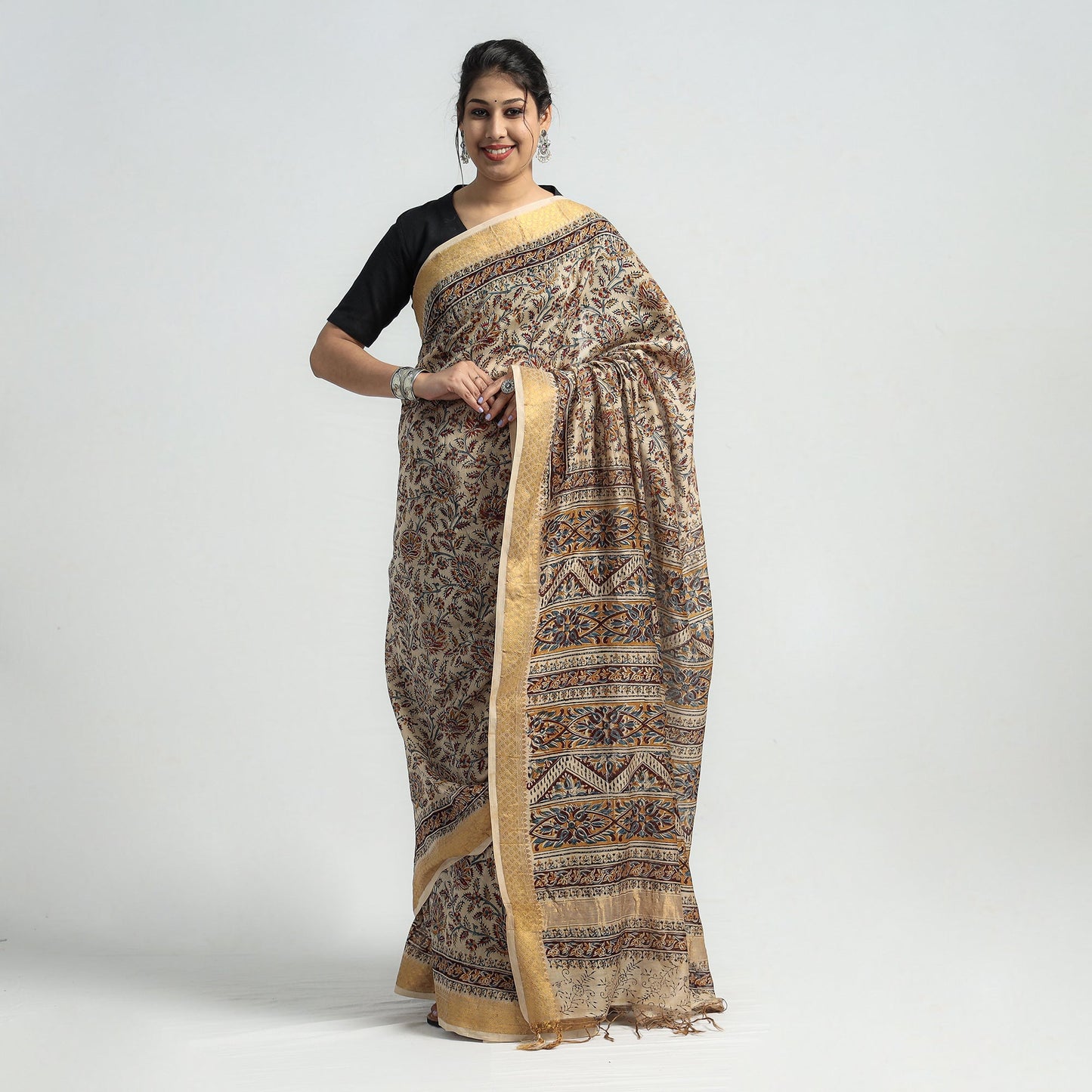 Brown Original Pedana Kalamkari Block Print Chanderi Silk Saree